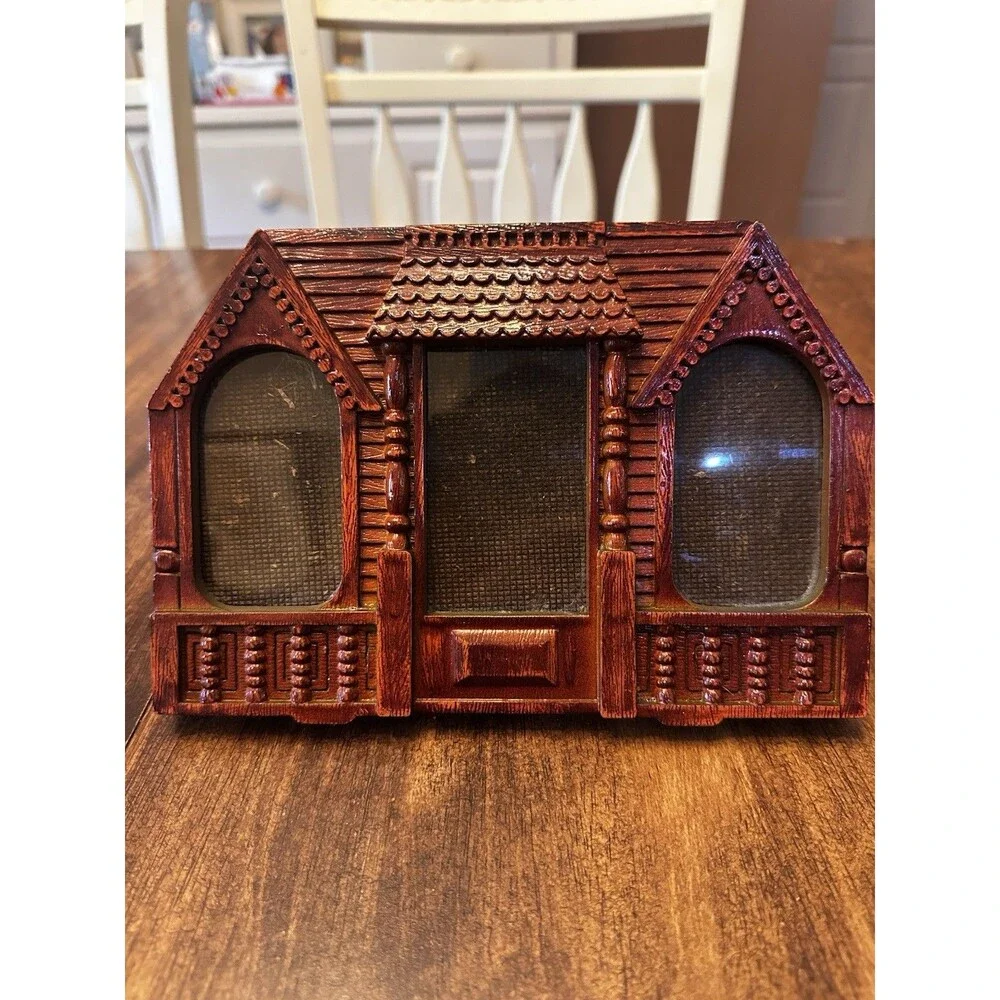 Vintage Rustic Log Cabin Triple Picture Frame Cottage Lodge Faux Wood Desktop
